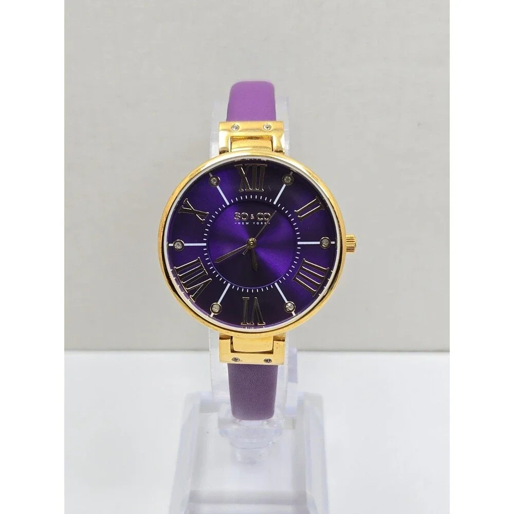SO & CO New York Womens Studio 34mm Purple Gold Tone Leather Watch New Battery